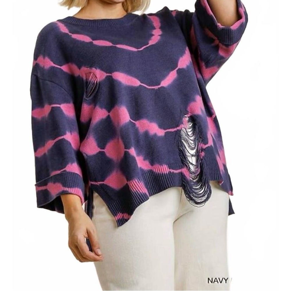 NWT Umgee Navy and Pink Tie-Dye Distressed Sweater